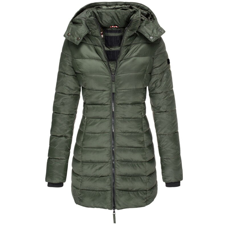Warm women's insulated puffer jacket with hood. Ideal for fall & winter, providing stylish protection against the cold.