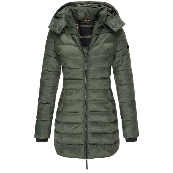 Warm women's insulated puffer jacket with hood. Ideal for fall & winter, providing stylish protection against the cold.