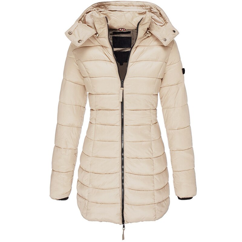 Comfy hooded winter coat for women. This stylish puffer jacket offers superior warmth and protection from cold weather.