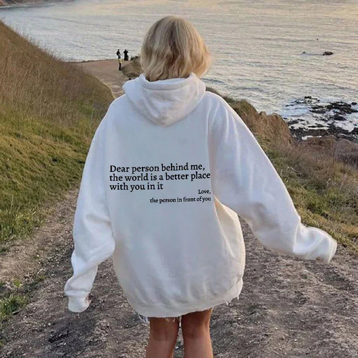 Stylish women's inspirational hoodie with a positive message, perfect for casual wear.