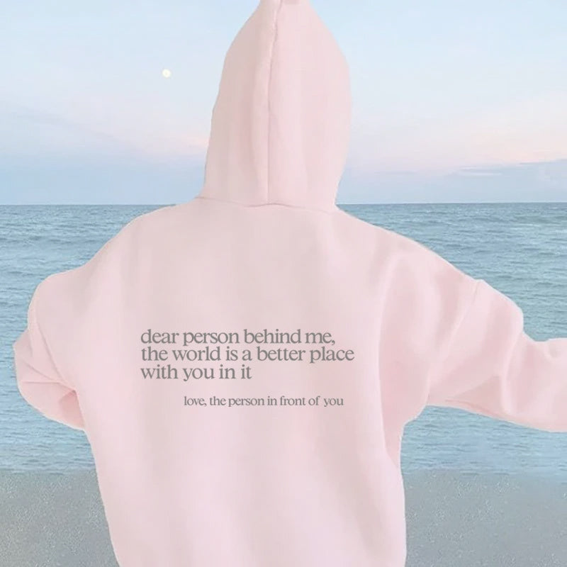 Cozy women's everyday hoodie, comfortable fashion, with an uplifting positive message.