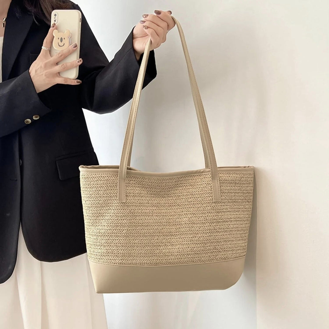 Stylish women's large beige woven tote bag, perfect for everyday casual wear as a shoulder bag.
