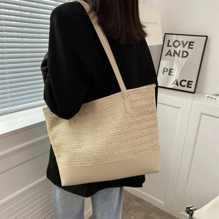 Casual beige woven tote bag for women, large and stylish, ideal as an everyday shoulder bag.