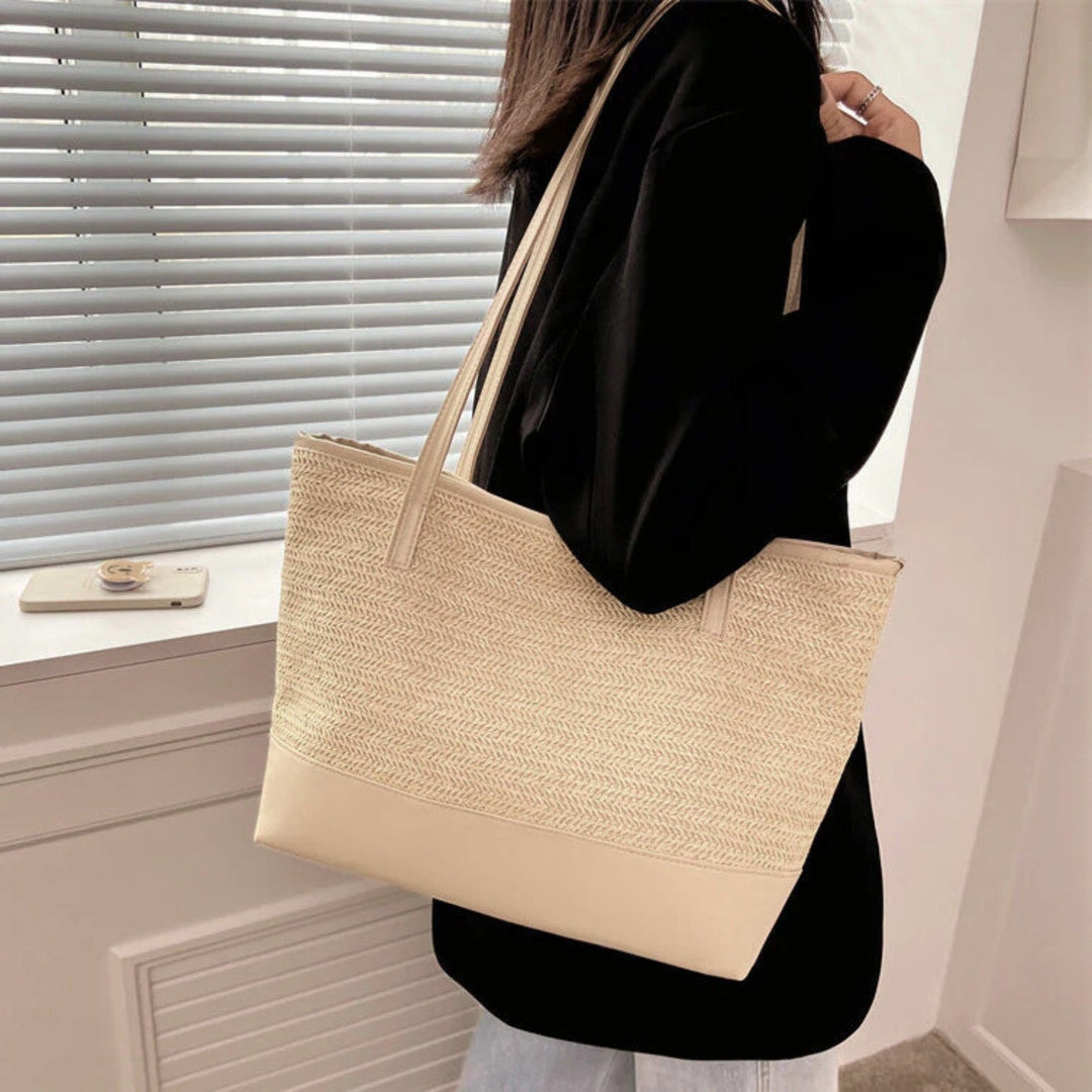 Stylish large woven tote bag for women in beige, a casual shoulder bag perfect for everyday essentials.