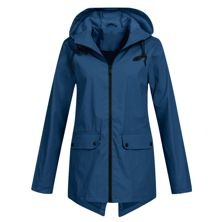 Stylish women's long hooded rain jacket with zip front. Lightweight outerwear for all-weather protection.