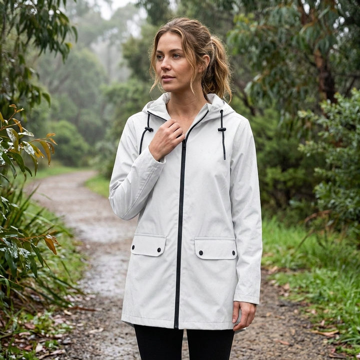 Everyday stylish women's long rain jacket with hood. Offers great weather protection & comfortable wear.