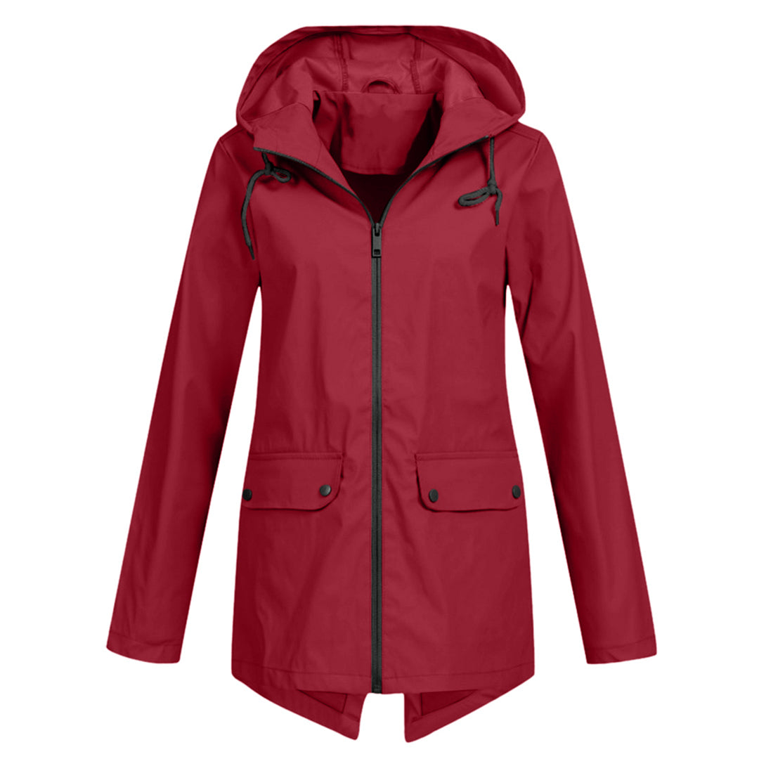 Women's hooded long rain jacket, designed for stylish weather protection. Lightweight and comfortable.