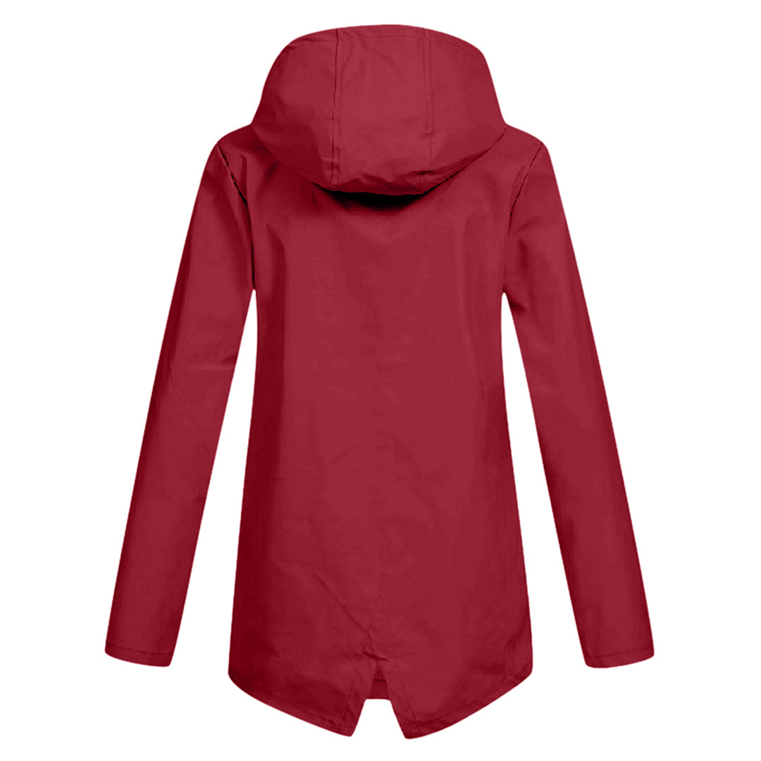 Chic women's long rain jacket with hood, ideal for staying dry. Lightweight outerwear for all weather.