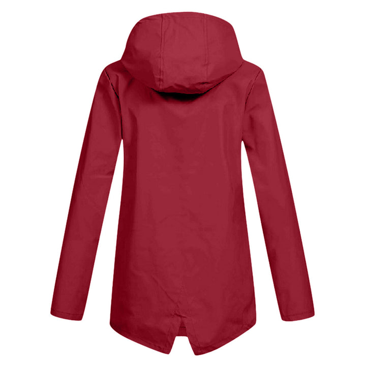 Chic women's long rain jacket with hood, ideal for staying dry. Lightweight outerwear for all weather.