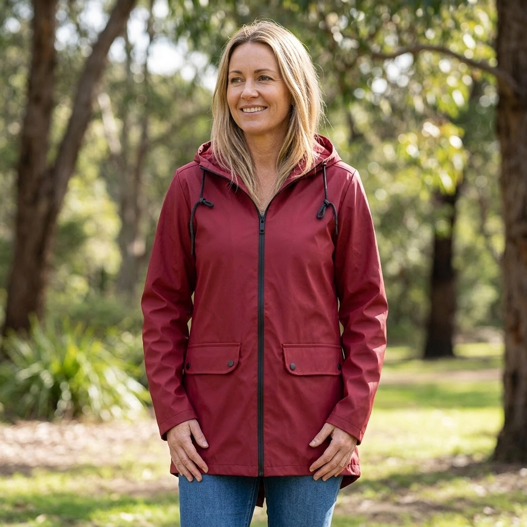 Women's zip-front long rain jacket, hooded. Stylish & lightweight outerwear for complete weather protection.
