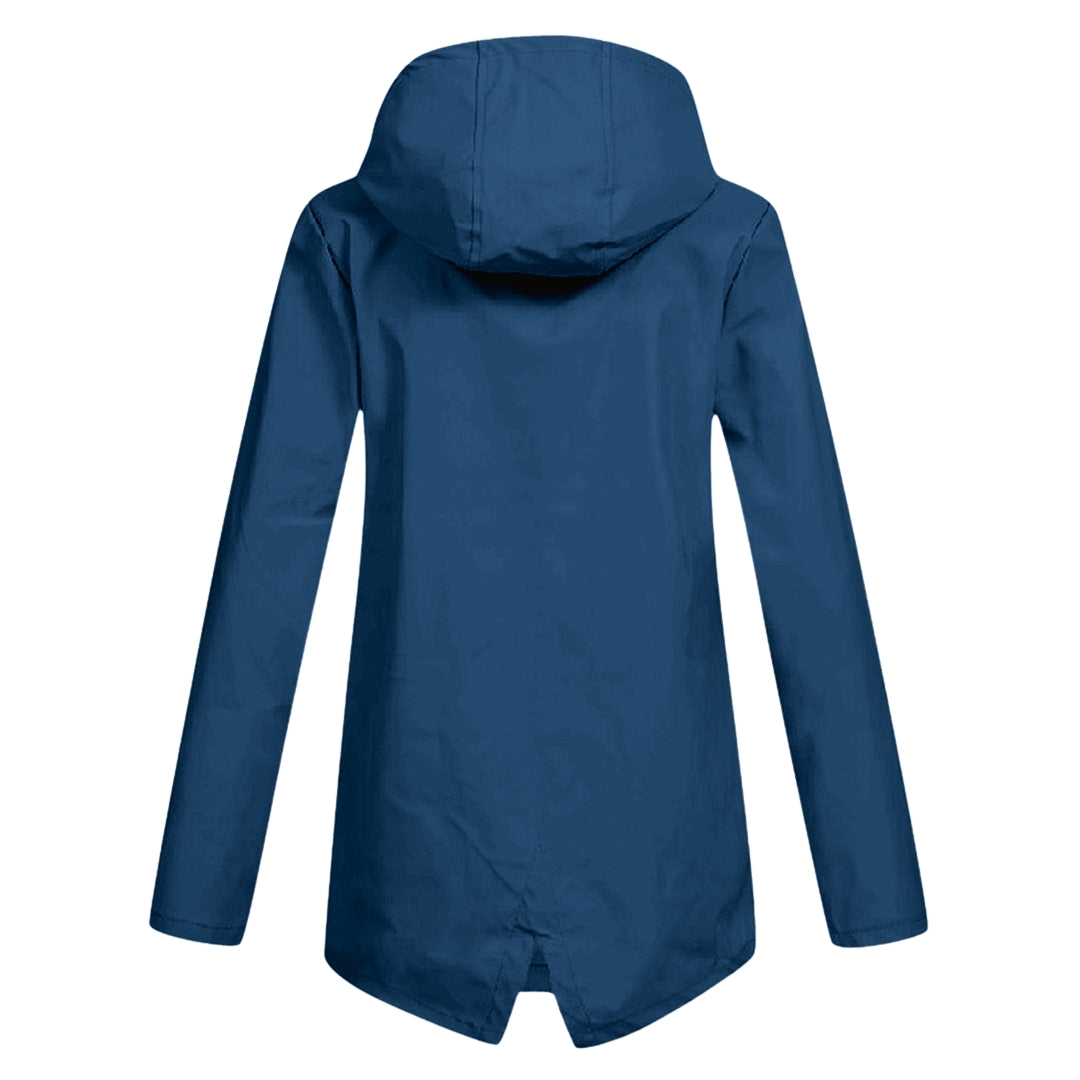Women's hooded long rain jacket, perfect for staying dry & stylish. Essential everyday weather protection.