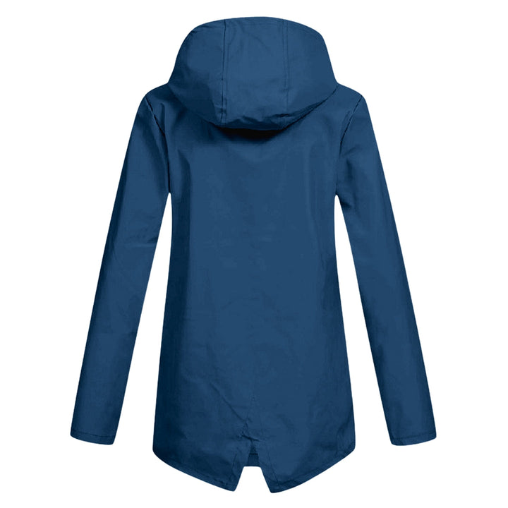 Women's hooded long rain jacket, perfect for staying dry & stylish. Essential everyday weather protection.