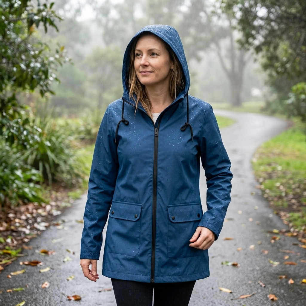 Lightweight women's long rain jacket with hood, offering stylish all-weather protection & comfort.