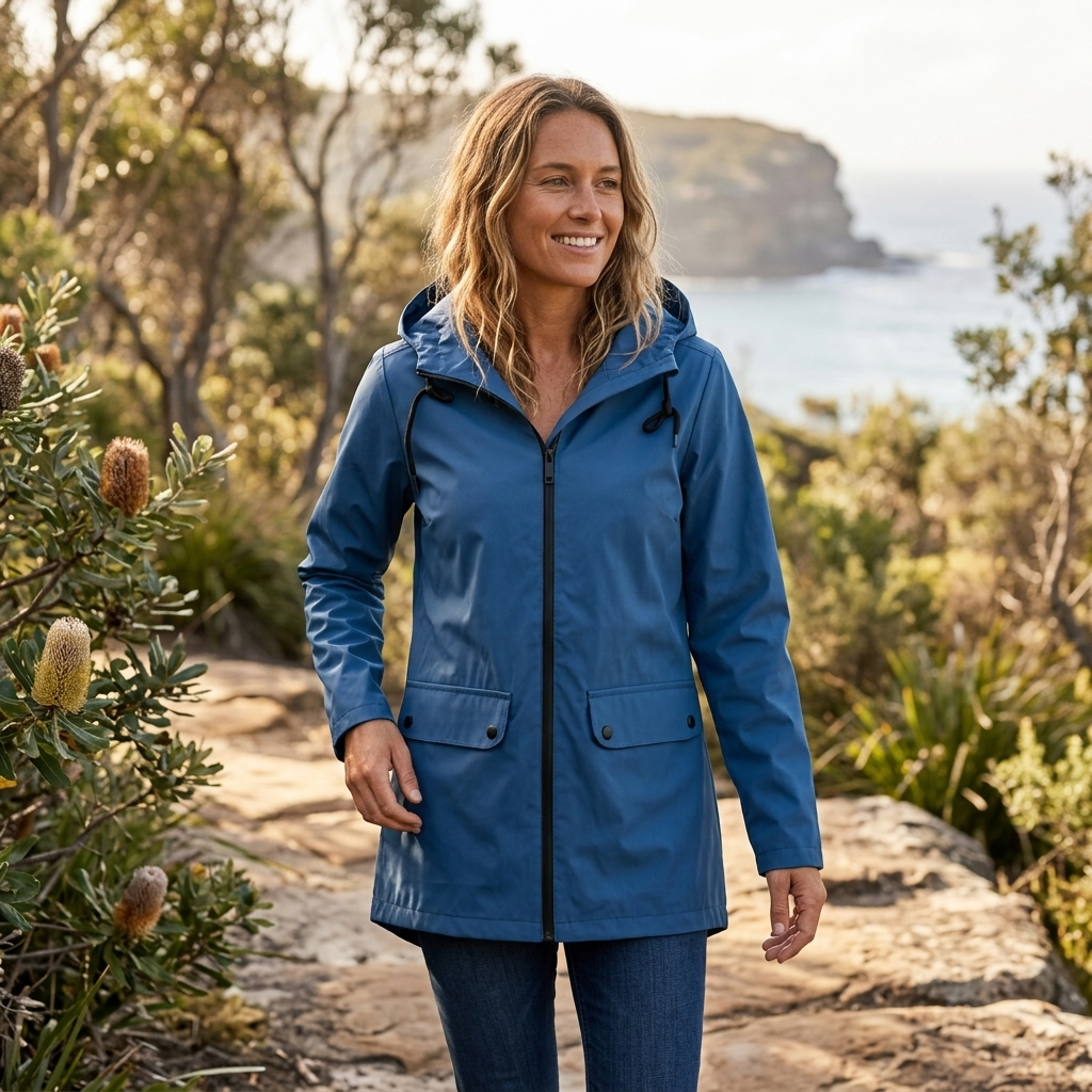 Fashionable women's outerwear: a long hooded rain jacket for ultimate weather protection & style.
