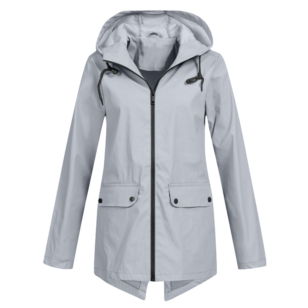 Women's full-zip long rain jacket with hood. Stay dry and chic in this essential weather protection.