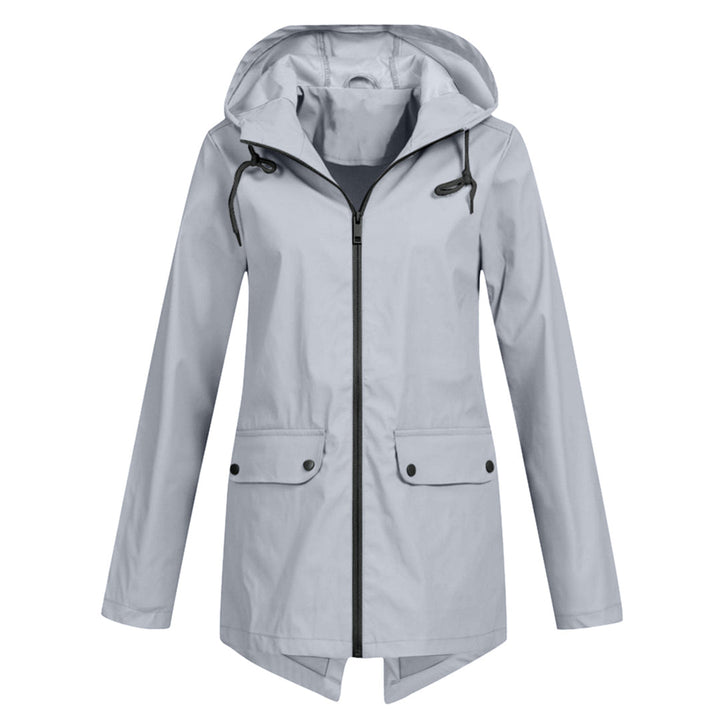 Women's full-zip long rain jacket with hood. Stay dry and chic in this essential weather protection.