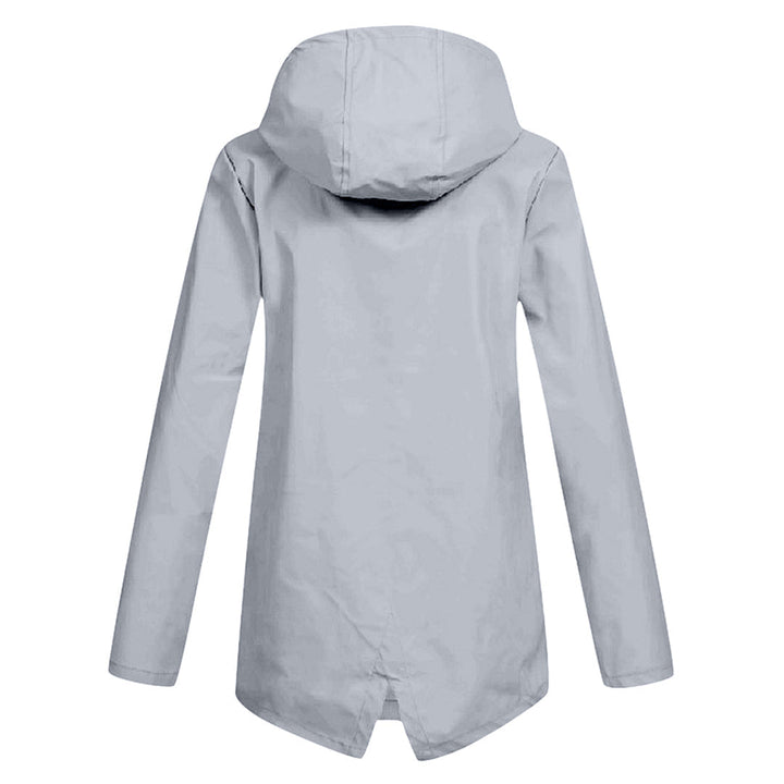 Versatile women's hooded long rain jacket. Stylish, lightweight outerwear for rain protection & fashion.