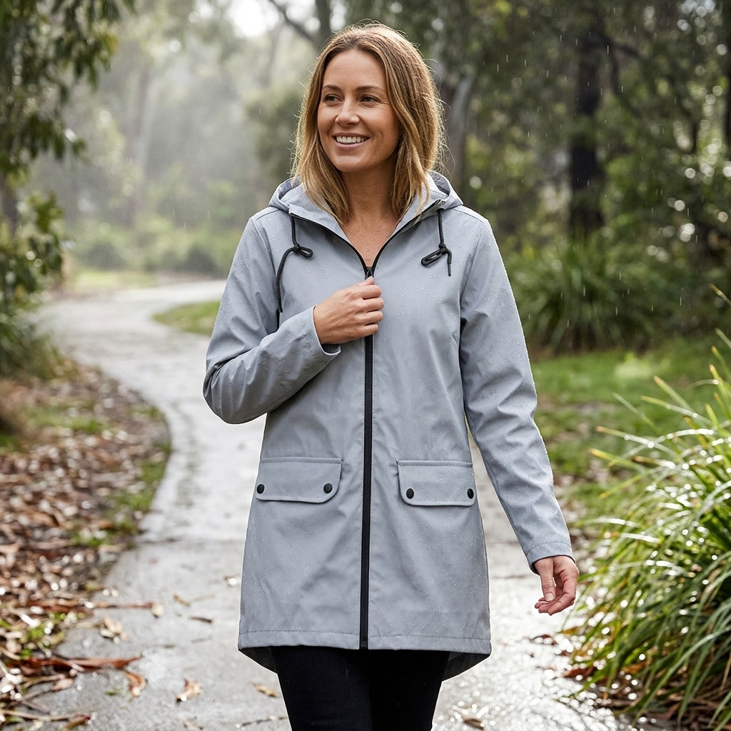 Women's long rain jacket, hooded & lightweight. Ideal weather protection for everyday stylish wear.