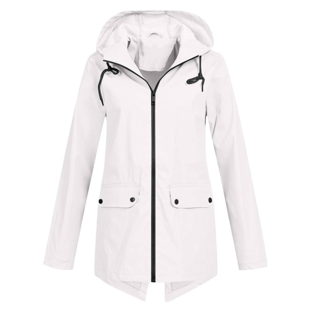 Stay dry & look great in this women's hooded long rain jacket, perfect stylish all-weather outerwear.