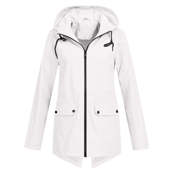 Stay dry & look great in this women's hooded long rain jacket, perfect stylish all-weather outerwear.
