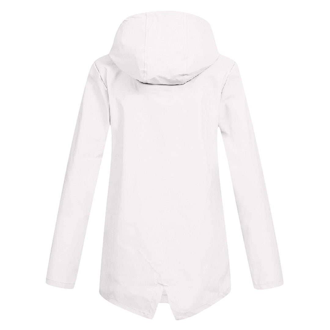 Durable women's long hooded rain jacket. Lightweight, zip-front outerwear for reliable weather protection.