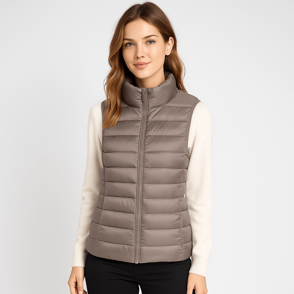 Stylish women's microlight puffer bodywarmer, lightweight casual outerwear for winter.