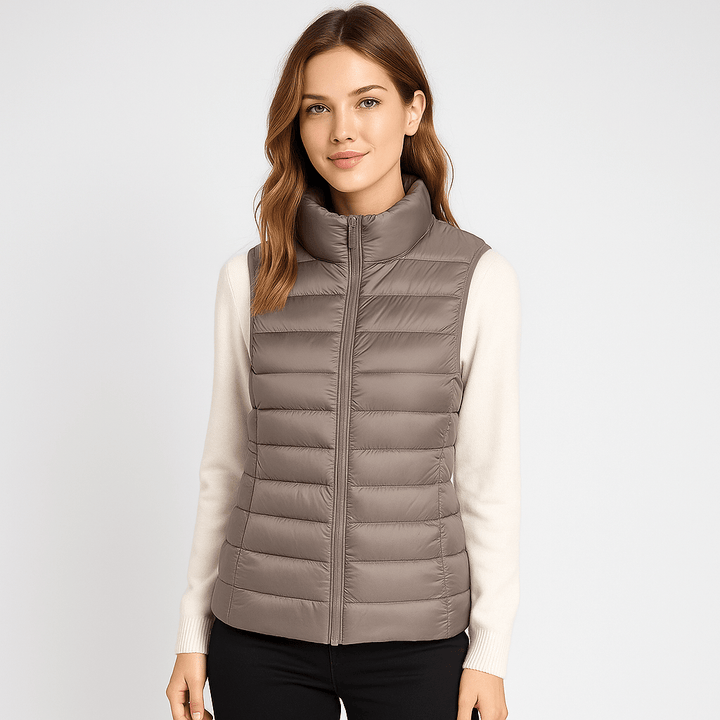 Stylish women's microlight puffer bodywarmer, lightweight casual outerwear for winter.