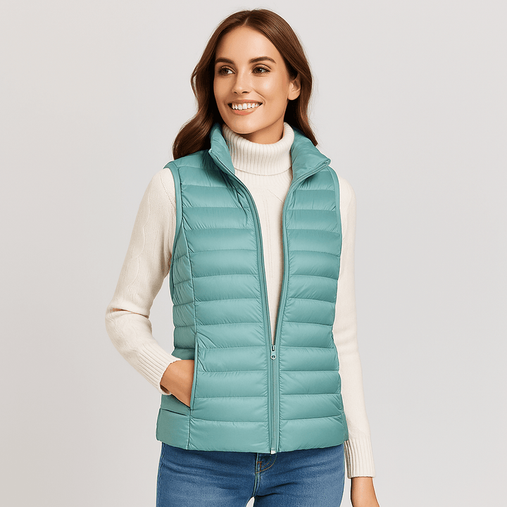 Front view: Women's microlight puffer jacket, lightweight & stylish casual winter bodywarmer.