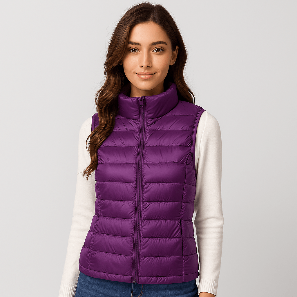 Back view: Women's microlight puffer jacket, lightweight & stylish casual winter outerwear.