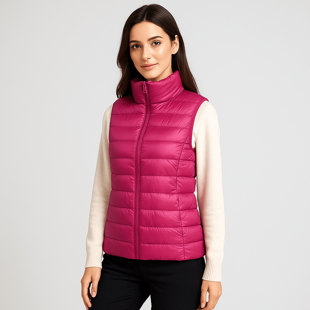 Close-up of women's microlight puffer jacket fabric, lightweight stylish winter bodywarmer.