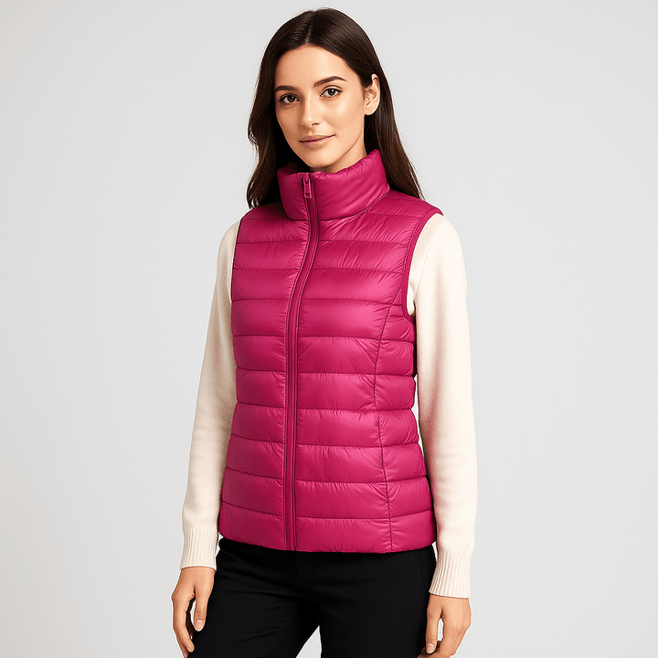 Close-up of women's microlight puffer jacket fabric, lightweight stylish winter bodywarmer.