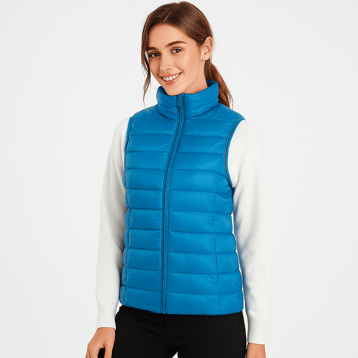 Casual pleated microlight puffer bodywarmer for women, stylish & lightweight winter jacket.