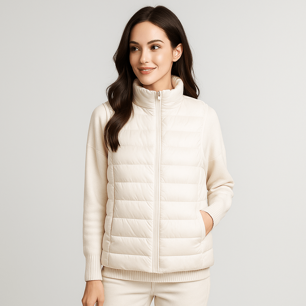 Woman wearing a stylish microlight puffer jacket, lightweight casual outerwear for winter.