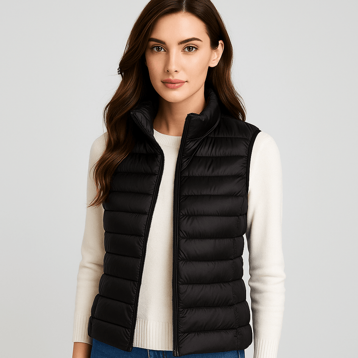 Pleated microlight puffer bodywarmer for women, stylish, lightweight winter jacket & outerwear.