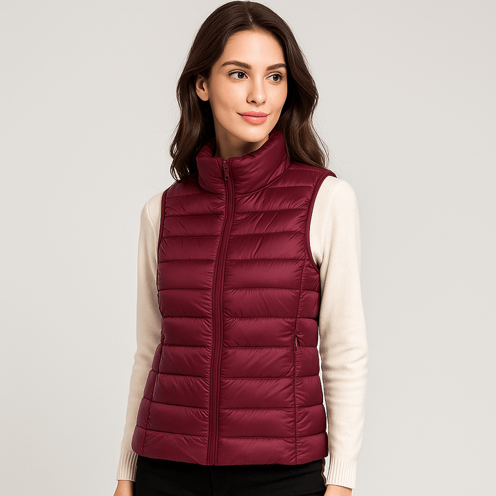 Comfortable women's microlight puffer bodywarmer, lightweight & stylish for cold winter.