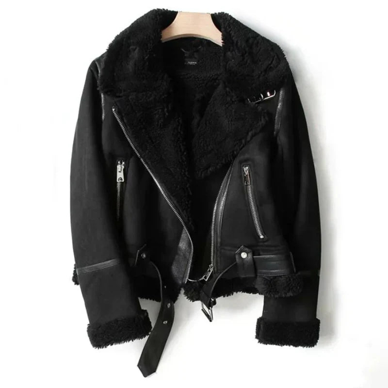 Stylish Women's Naomi leather jacket with cozy sherpa lining, perfect for warm winter outerwear and cold weather fashion.