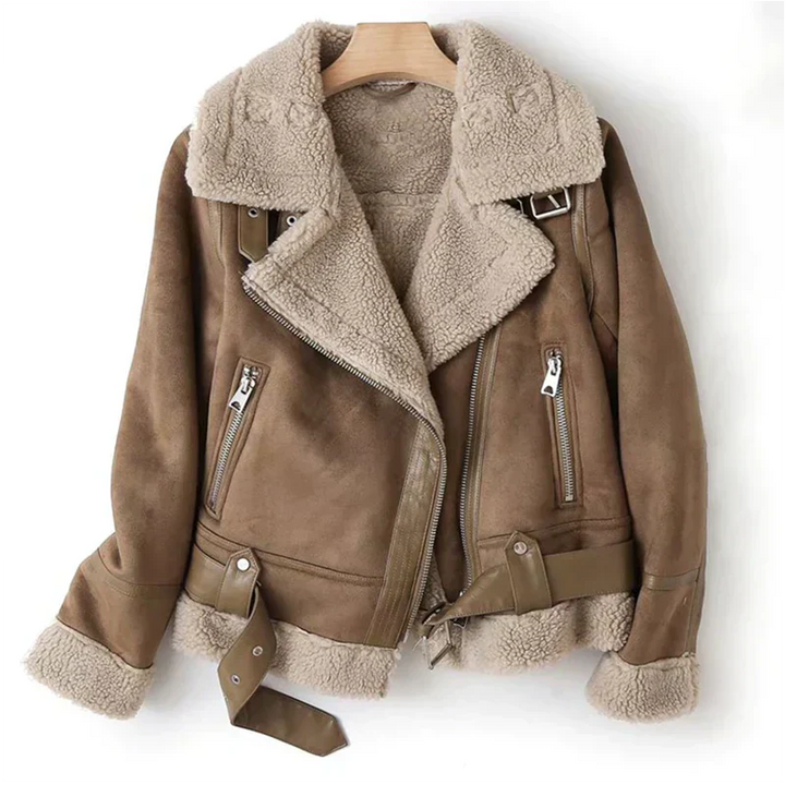 Cozy women's winter jacket: Naomi leather outerwear with soft sherpa lining for ultimate warmth & stylish cold weather comfort.