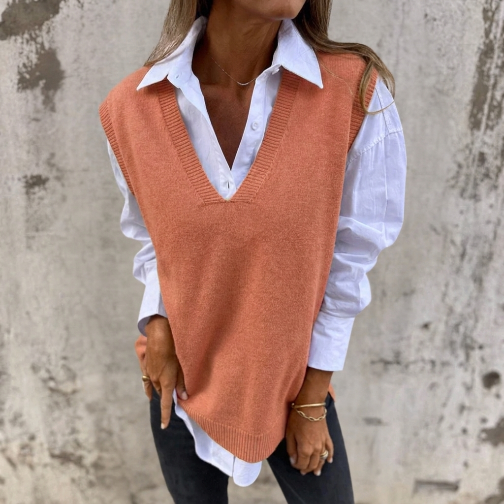 Stylish women's oversized V-neck knitted vest with ribbed trim, perfect for versatile layering and modern everyday chic.