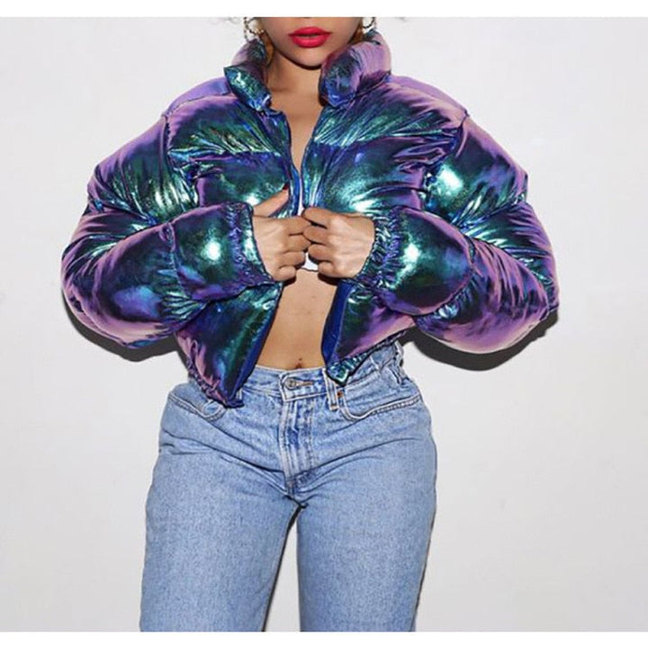 Stylish women's puffer bomber jacket, warm & trendy winter outerwear.