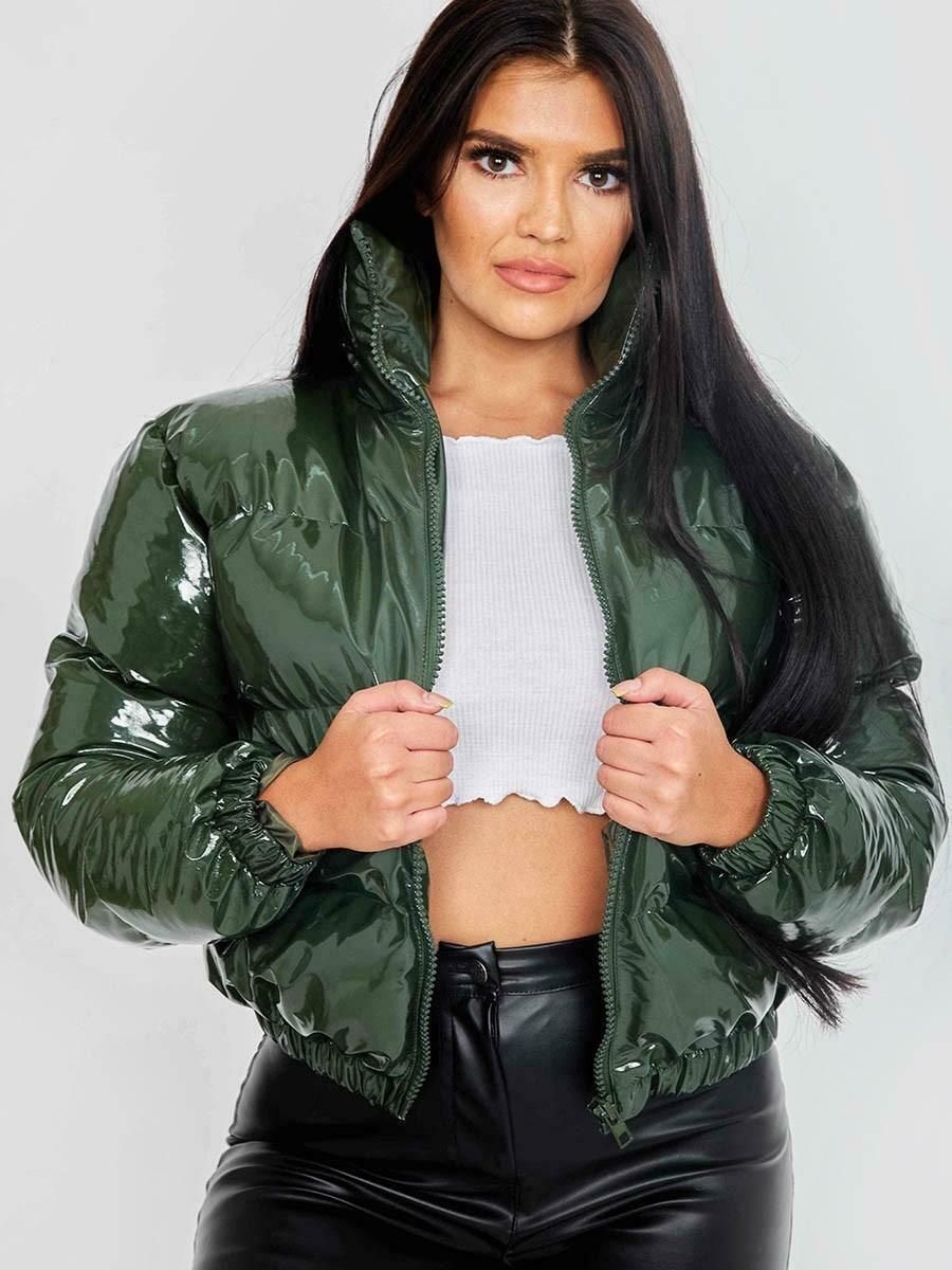 Warm women's puffer jacket, fashionable winter outerwear & bomber style.