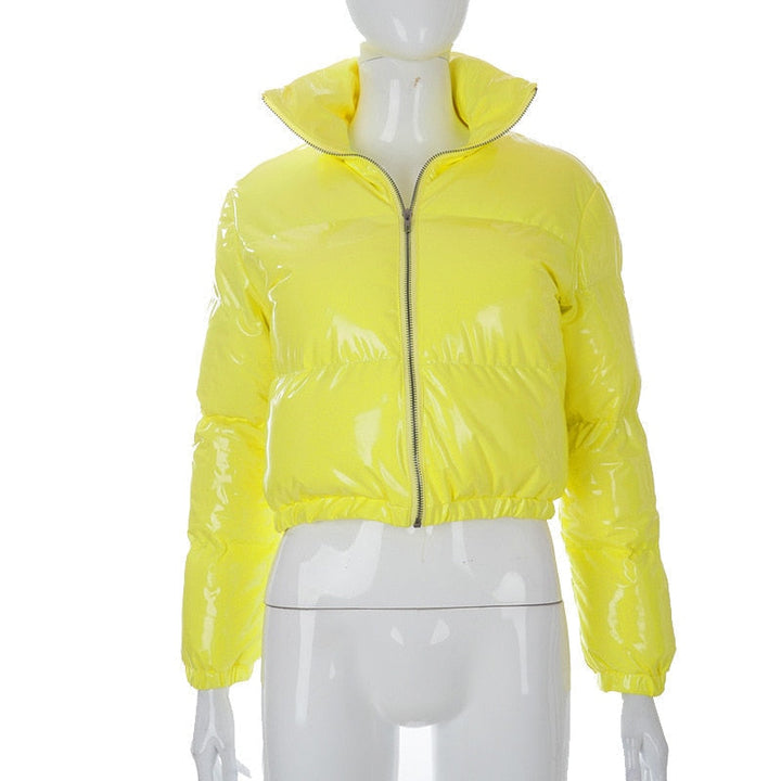 Warm women's outerwear, a fashionable puffer bomber jacket.