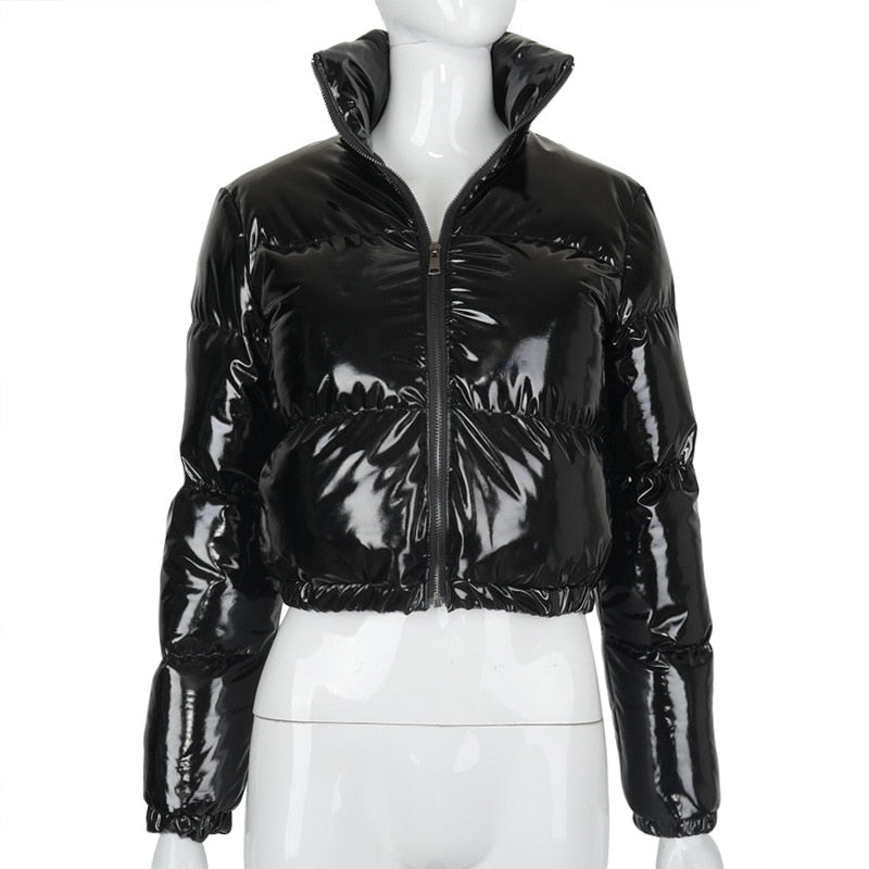 Fashionable women's winter puffer, a stylish bomber coat for warmth.