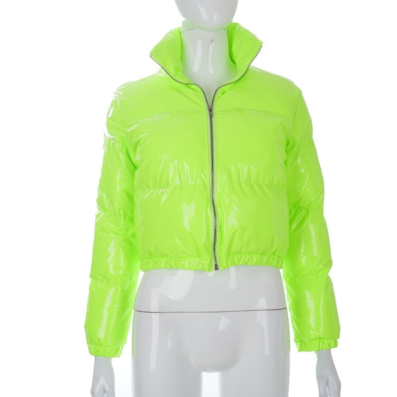 Insulated women's stylish puffer jacket, warm bomber outerwear.