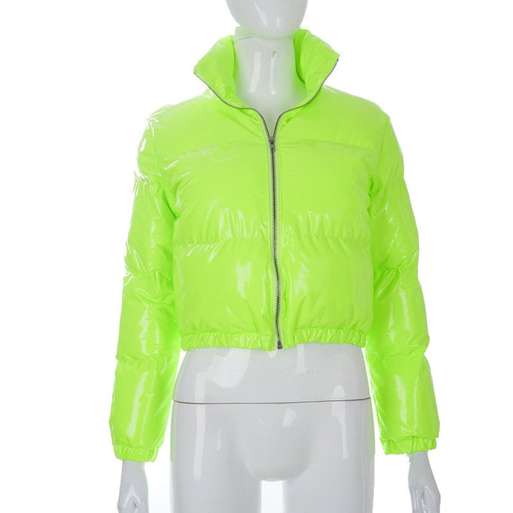 Insulated women's stylish puffer jacket, warm bomber outerwear.