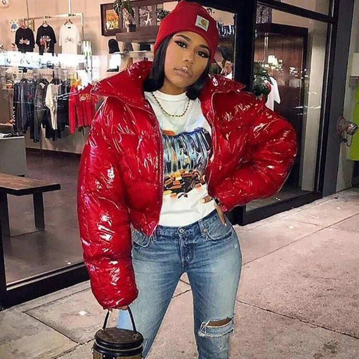 Stylish women's winter puffer, cozy insulated bomber jacket.