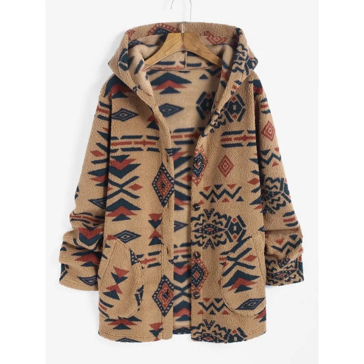 Close-up of the vibrant Aztec print on a unique women's vintage style jacket, highlighting intricate patterns.