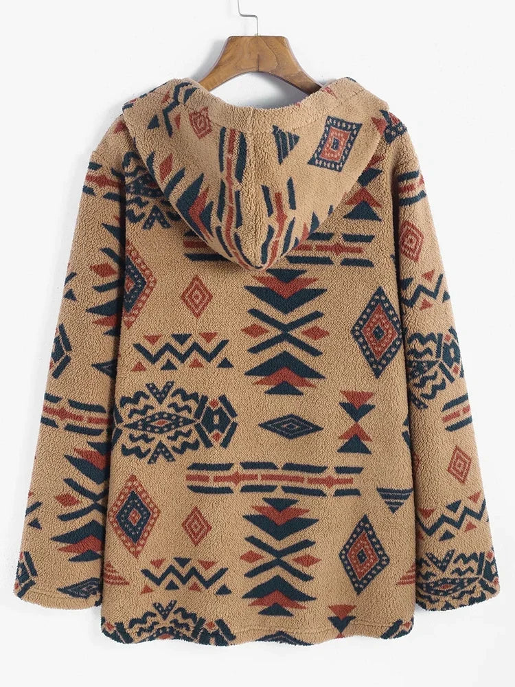 Woman in a stylish unique vintage Aztec jacket, showcasing its boho chic design and comfortable outerwear fit.