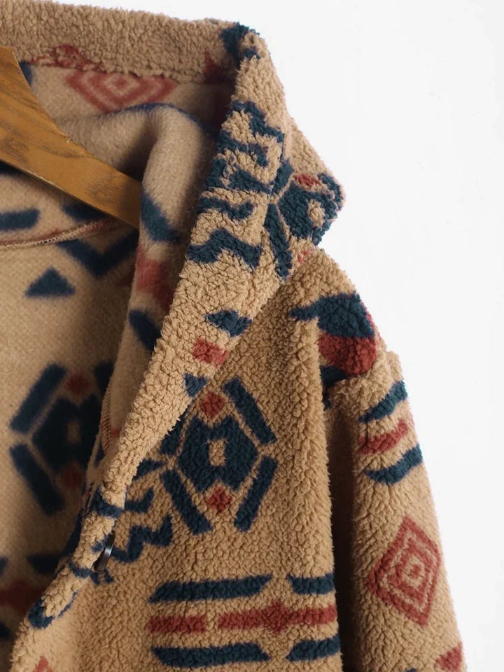Fashionable women's unique vintage Aztec jacket, an eye-catching outerwear piece with a distinctive boho print.