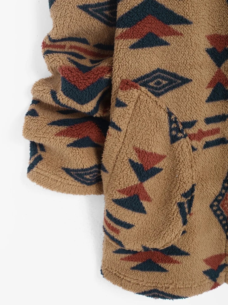 Front view of a beautiful women's unique vintage Aztec jacket, ideal for stylish casual and boho chic outfits.