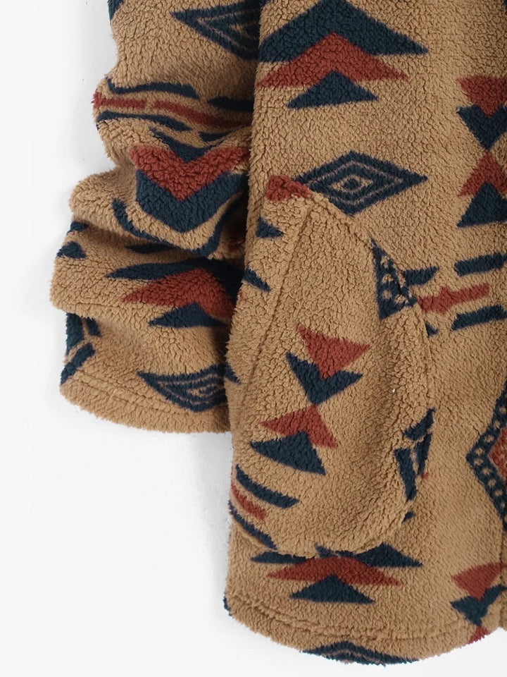Front view of a beautiful women's unique vintage Aztec jacket, ideal for stylish casual and boho chic outfits.